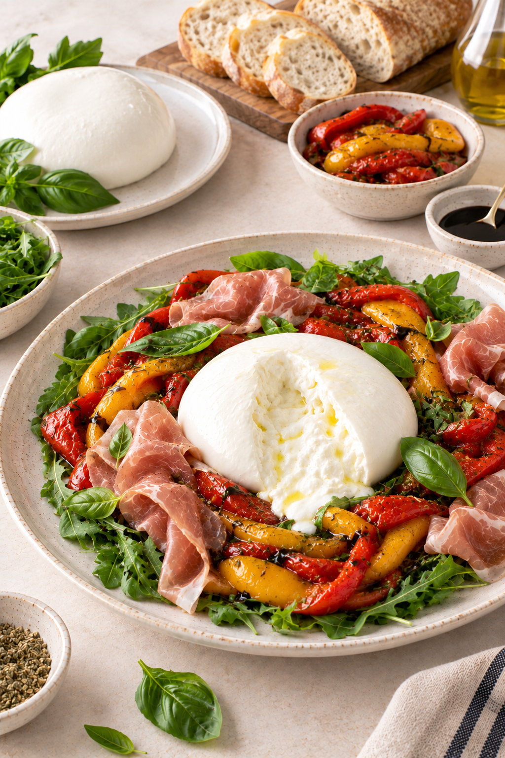 Burrata with Roasted Peppers & Prosciutto